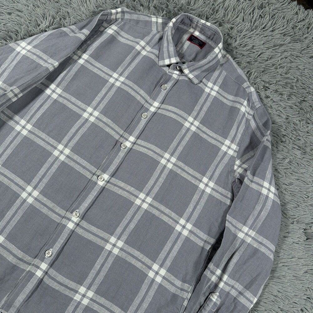 Untuckit Shirt Large Button Up Gray Linen Wrinkle Resistant Plaid Vacation Mens